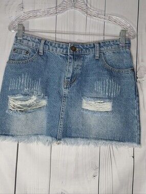 POL Distressed Light Blue Y2K Edgy Denim Mini Skirt With Taw Hem